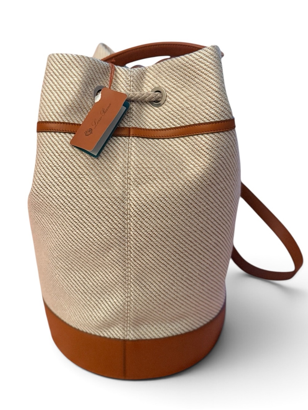 Loro Piana Cream Canvas Bucket Tote with Tan Leather Trim and Canvas Cover Bag - Picture 12 of 14